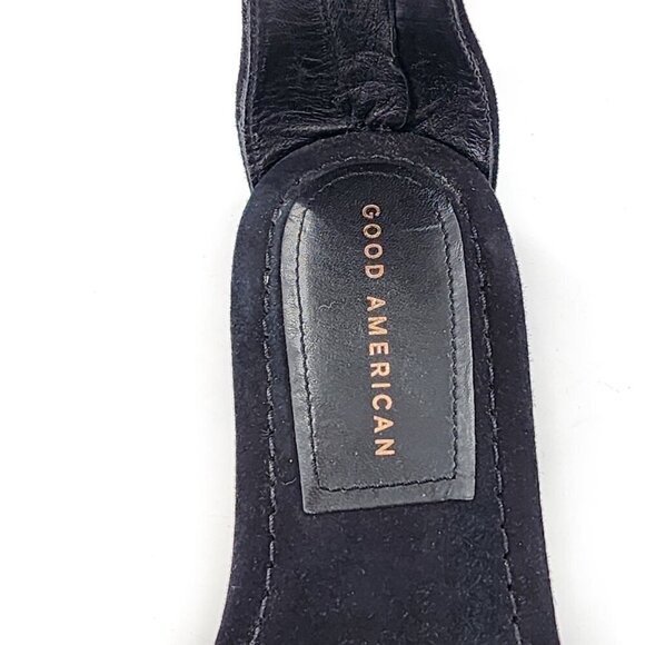 GOOD AMERICAN Ankle Strap Suede Sandals Black Zip Gold Chain Link - Picture 7 of 9